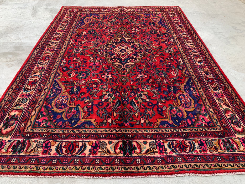Handgemaakt Perzisch wollen vloerkleed 7x10 - Rood Perzisch tapijt met bloemenmedaillon - Exacte afmeting 299 cm x 211 cm - KBHM-931
