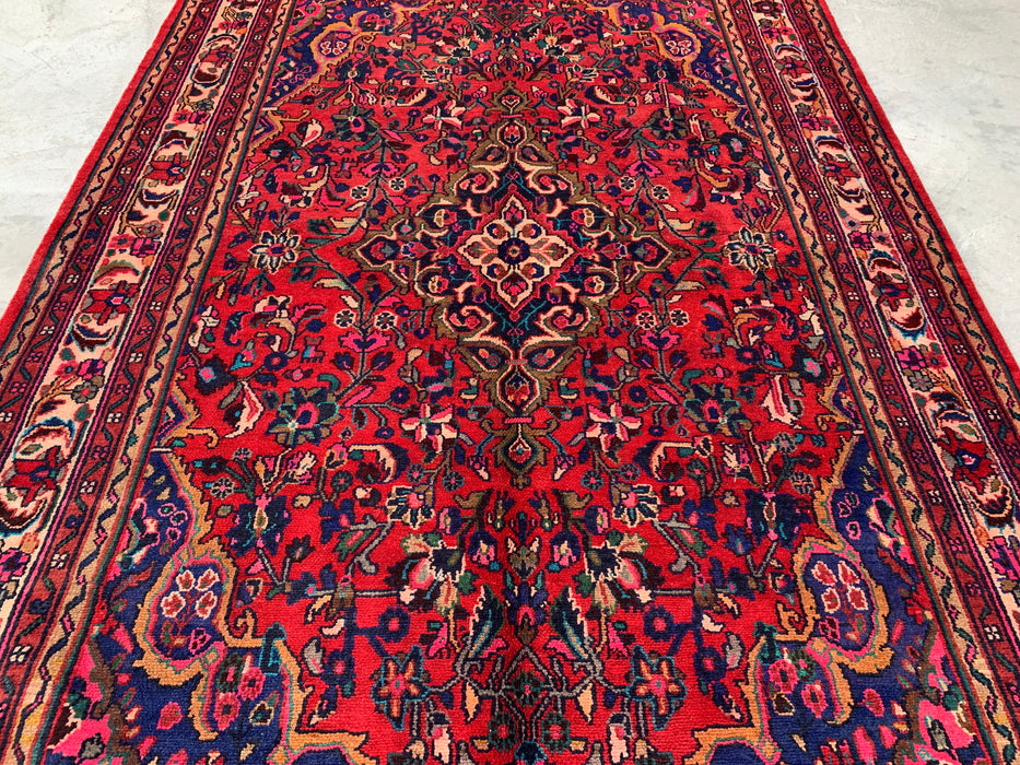 Handgemaakt Perzisch wollen vloerkleed 7x10 - Rood Perzisch tapijt met bloemenmedaillon - Exacte afmeting 299 cm x 211 cm - KBHM-931