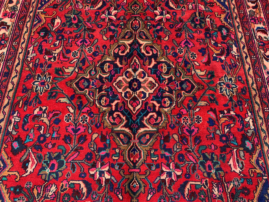 Handgemaakt Perzisch wollen vloerkleed 7x10 - Rood Perzisch tapijt met bloemenmedaillon - Exacte afmeting 299 cm x 211 cm - KBHM-931