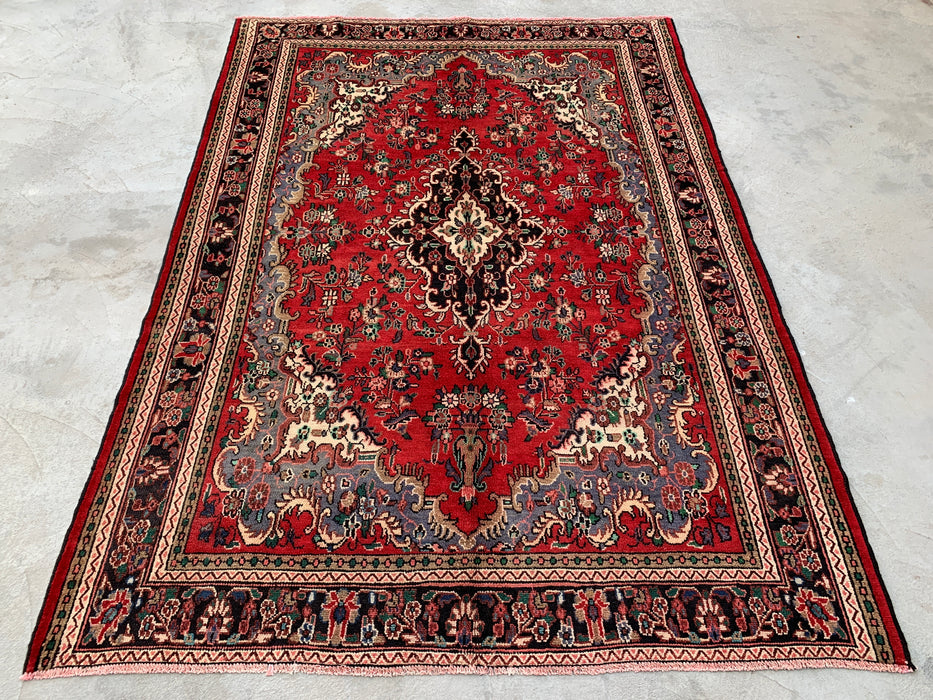 Handgemaakt Perzisch wollen vloerkleed 7x10 - Rood Perzisch tapijt met bloemenmedaillon - Exacte afmeting 292 cm x 211 cm - KBHM-932