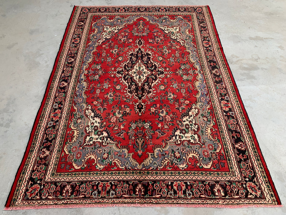 Handgemaakt Perzisch wollen vloerkleed 7x10 - Rood Perzisch tapijt met bloemenmedaillon - Exacte afmeting 292 cm x 211 cm - KBHM-932