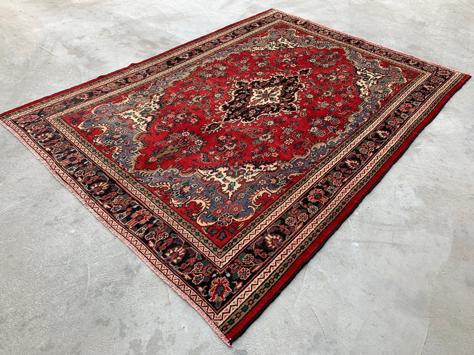 Handgemaakt Perzisch wollen vloerkleed 7x10 - Rood Perzisch tapijt met bloemenmedaillon - Exacte afmeting 292 cm x 211 cm - KBHM-932
