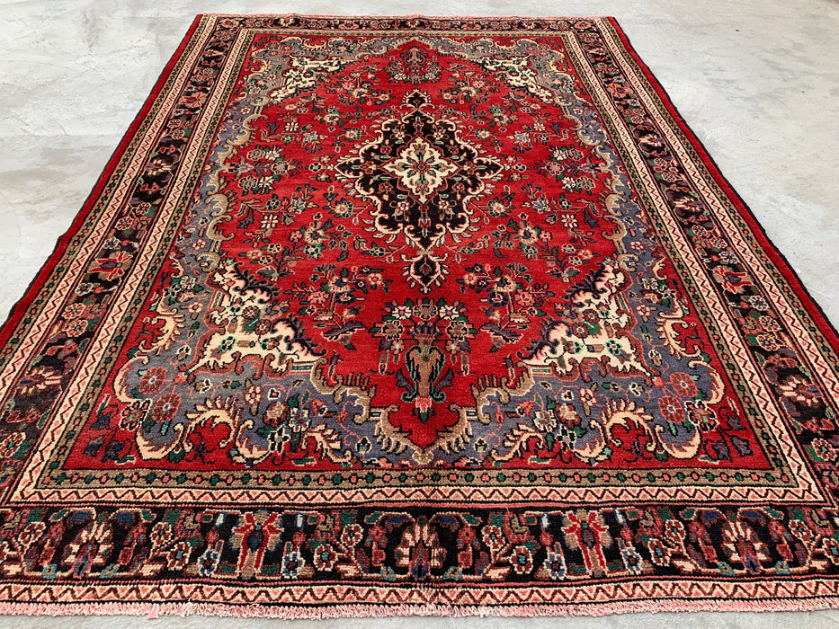 Handgemaakt Perzisch wollen vloerkleed 7x10 - Rood Perzisch tapijt met bloemenmedaillon - Exacte afmeting 292 cm x 211 cm - KBHM-932