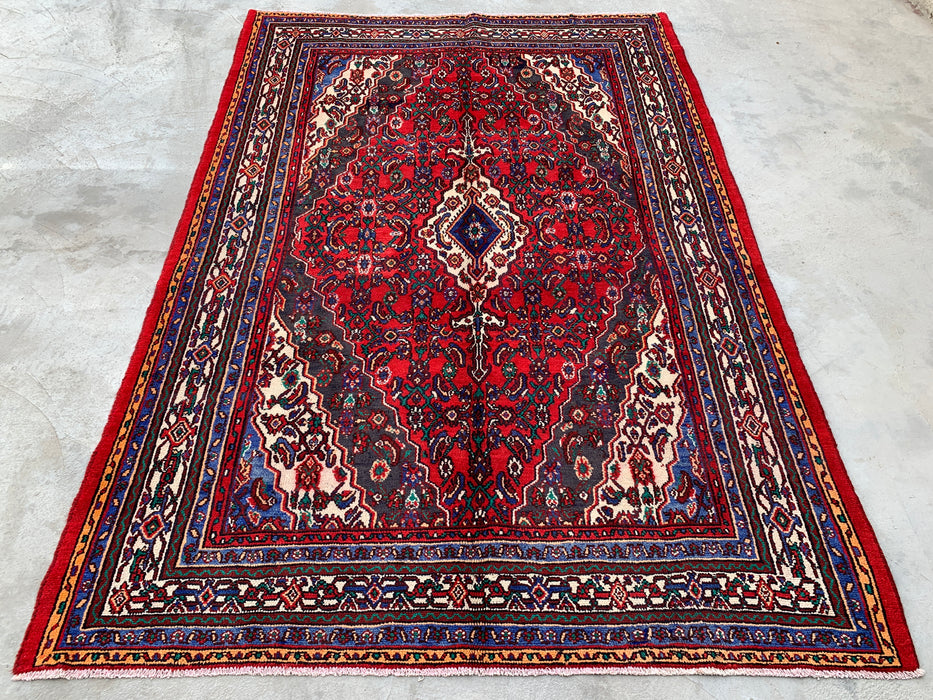 Handgemaakt Perzisch wollen vloerkleed 7x10 - Rood Perzisch tapijt met bloemenmedaillon - Exacte afmeting 9'10" x 6'10" - KBHM-933