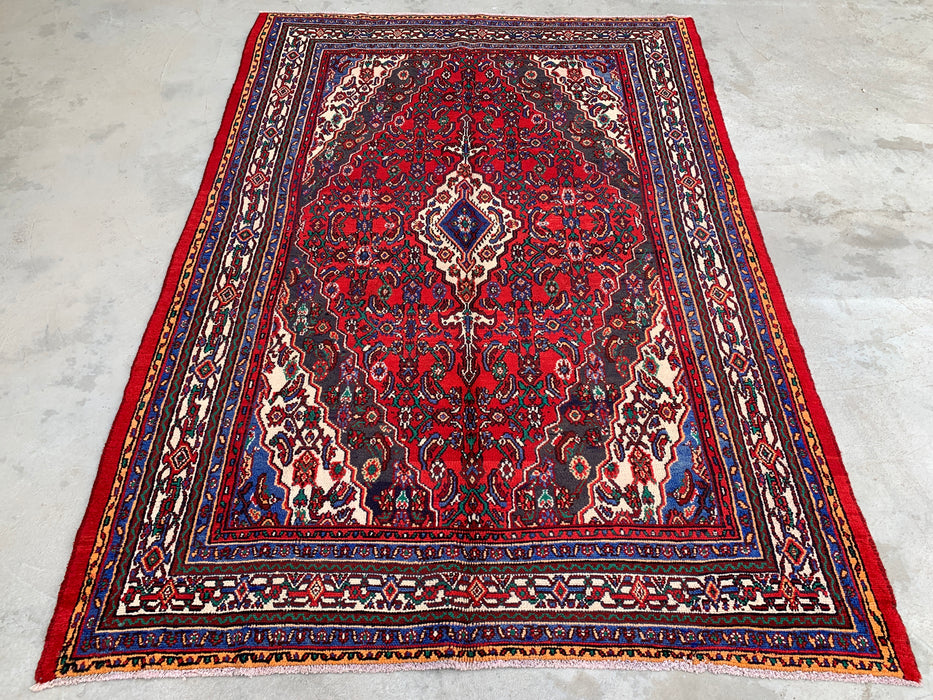 Handgemaakt Perzisch wollen vloerkleed 7x10 - Rood Perzisch tapijt met bloemenmedaillon - Exacte afmeting 9'10" x 6'10" - KBHM-933