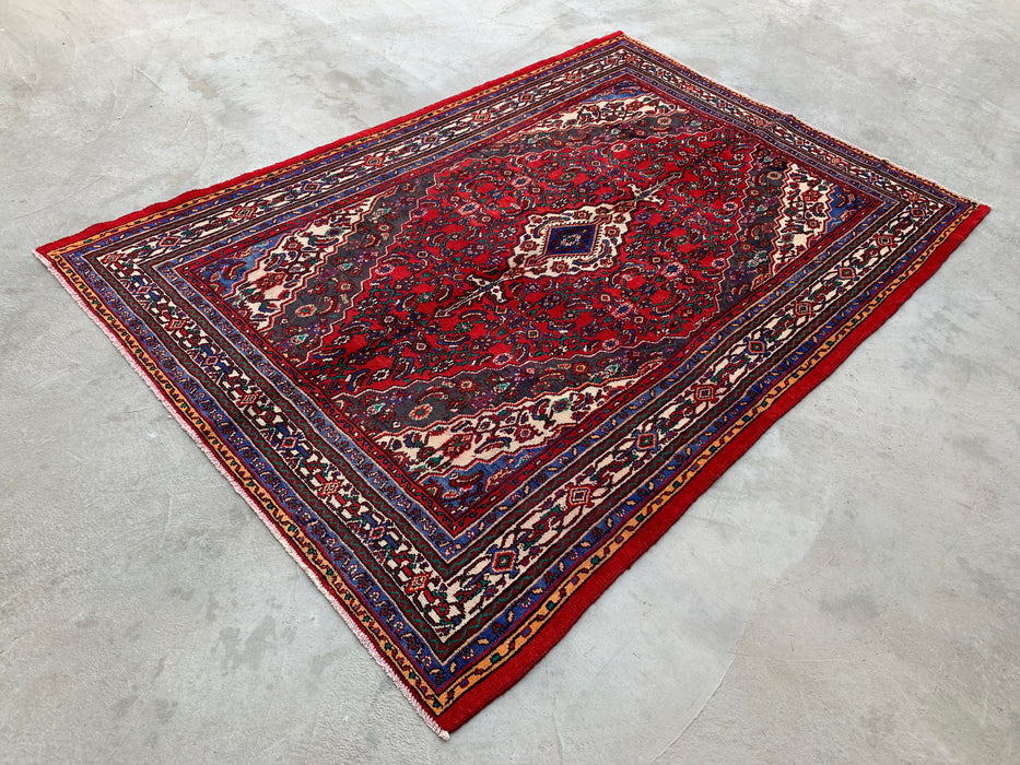 Handgemaakt Perzisch wollen vloerkleed 7x10 - Rood Perzisch tapijt met bloemenmedaillon - Exacte afmeting 9'10" x 6'10" - KBHM-933