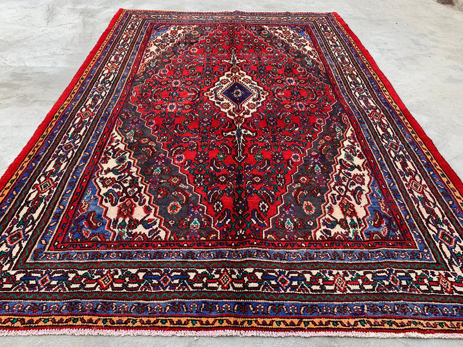 Handgemaakt Perzisch wollen vloerkleed 7x10 - Rood Perzisch tapijt met bloemenmedaillon - Exacte afmeting 9'10" x 6'10" - KBHM-933