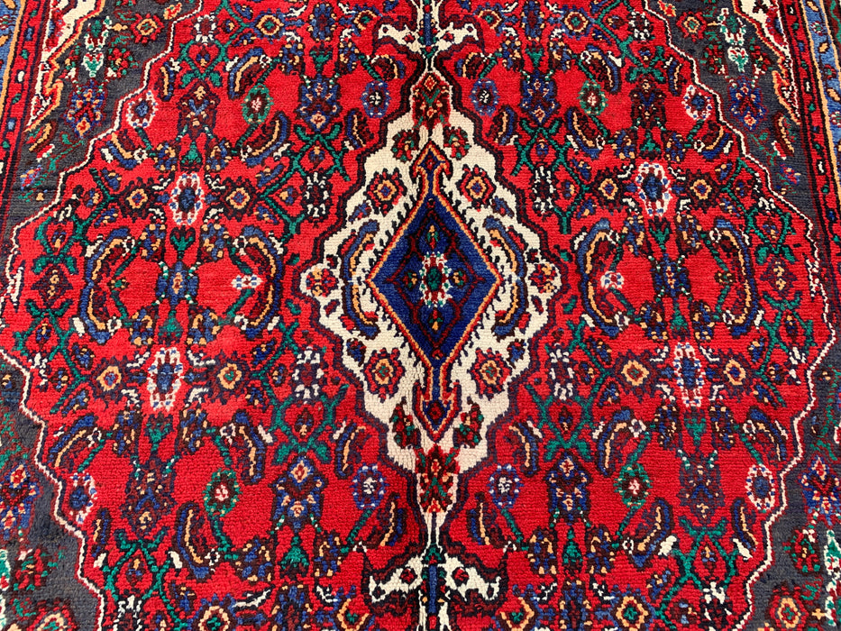 Handgemaakt Perzisch wollen vloerkleed 7x10 - Rood Perzisch tapijt met bloemenmedaillon - Exacte afmeting 9'10" x 6'10" - KBHM-933