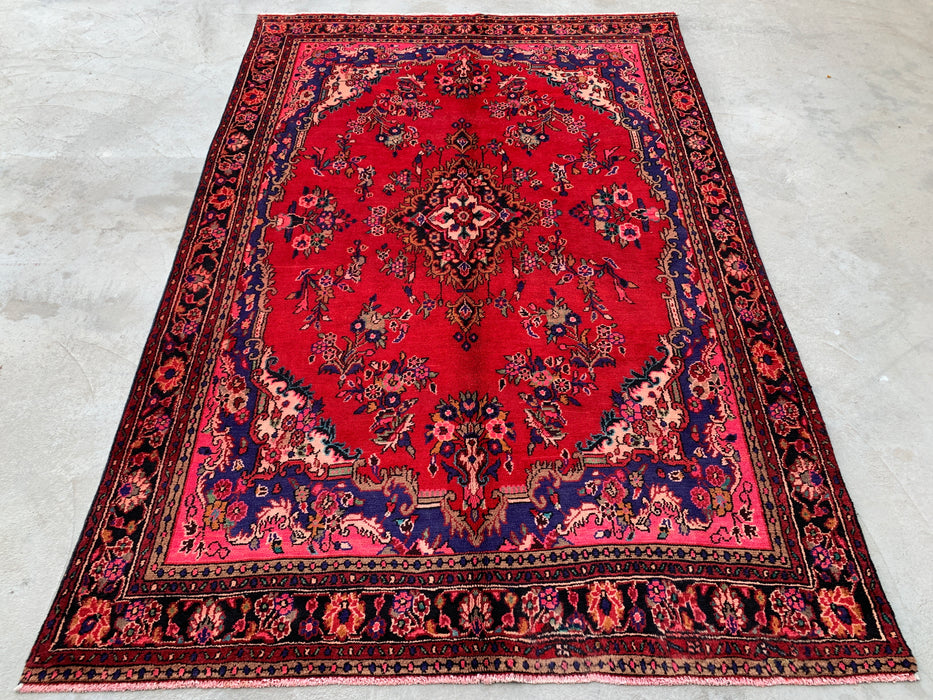 Handgemaakt Perzisch wollen vloerkleed 7x10 - Rood Perzisch tapijt met bloemenmedaillon - Exacte afmeting 315 cm x 206 cm - KBHM-936