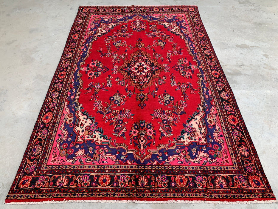 Handgemaakt Perzisch wollen vloerkleed 7x10 - Rood Perzisch tapijt met bloemenmedaillon - Exacte afmeting 315 cm x 206 cm - KBHM-936