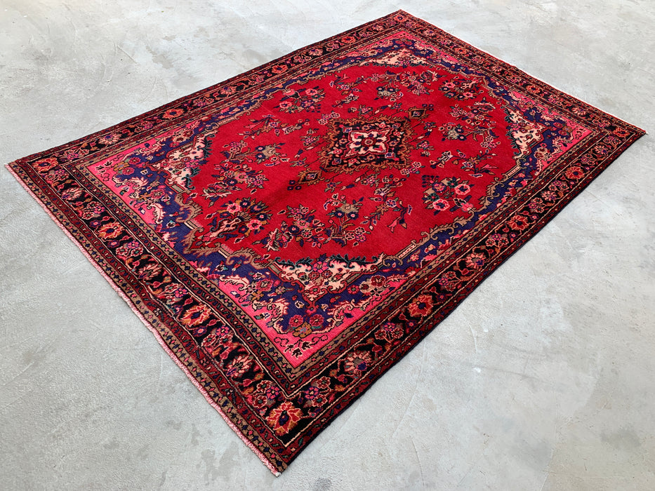 Handgemaakt Perzisch wollen vloerkleed 7x10 - Rood Perzisch tapijt met bloemenmedaillon - Exacte afmeting 315 cm x 206 cm - KBHM-936