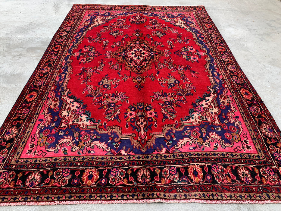Handgemaakt Perzisch wollen vloerkleed 7x10 - Rood Perzisch tapijt met bloemenmedaillon - Exacte afmeting 315 cm x 206 cm - KBHM-936