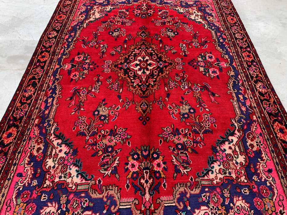 Handgemaakt Perzisch wollen vloerkleed 7x10 - Rood Perzisch tapijt met bloemenmedaillon - Exacte afmeting 315 cm x 206 cm - KBHM-936