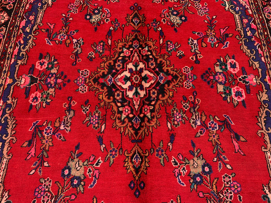 Handgemaakt Perzisch wollen vloerkleed 7x10 - Rood Perzisch tapijt met bloemenmedaillon - Exacte afmeting 315 cm x 206 cm - KBHM-936