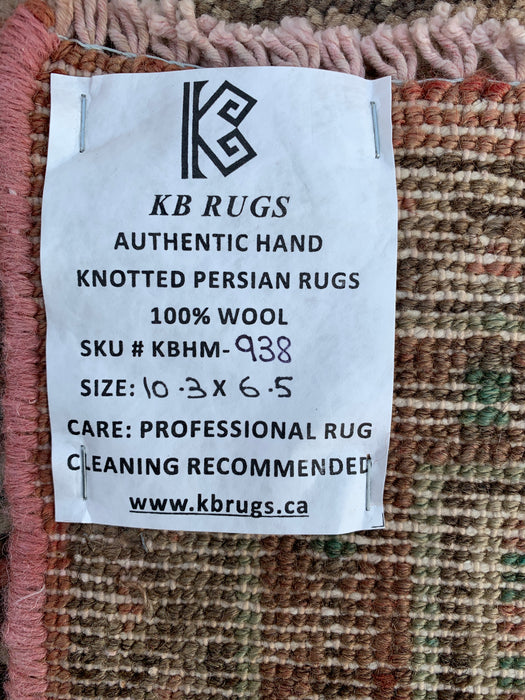 Handgemaakt Perzisch wollen vloerkleed 7x10 - Vervaagd beige & perzik vintage bloemenmedaillon Perzisch stijl vloerkleed - Exacte maat 312 cm x 196 cm - KBHM-938