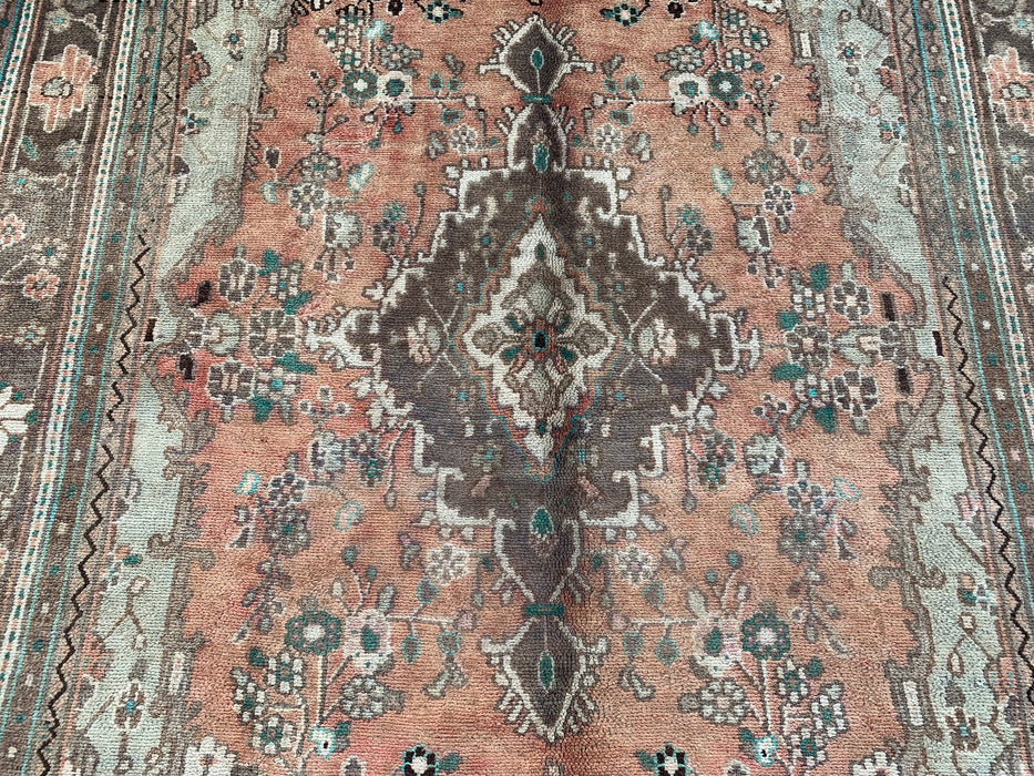 Handgemaakt Perzisch wollen vloerkleed 7x10 - Vervaagd beige & perzik vintage bloemenmedaillon Perzisch stijl vloerkleed - Exacte maat 312 cm x 196 cm - KBHM-938