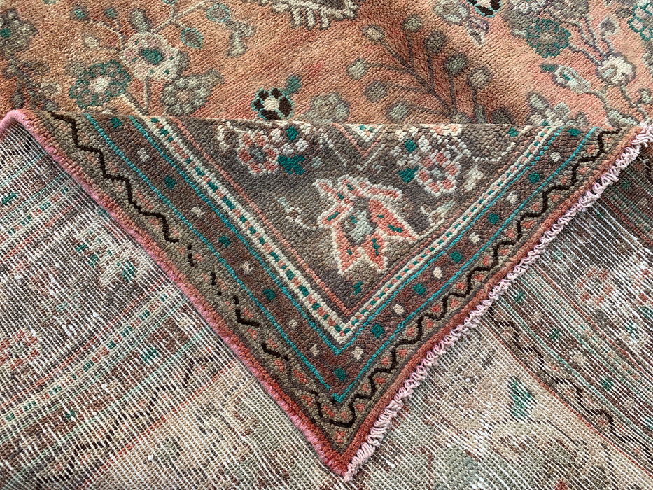 Handgemaakt Perzisch wollen vloerkleed 7x10 - Vervaagd beige & perzik vintage bloemenmedaillon Perzisch stijl vloerkleed - Exacte maat 312 cm x 196 cm - KBHM-938