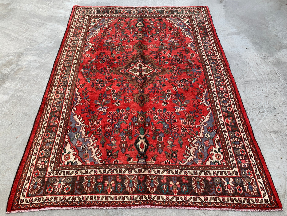 Handgemaakt Perzisch wollen vloerkleed 7x10 - Rood bloemmotief medaillon Perzische stijl vloerkleed - Exacte afmetingen 9'8" x 6'11" - KBHM-939