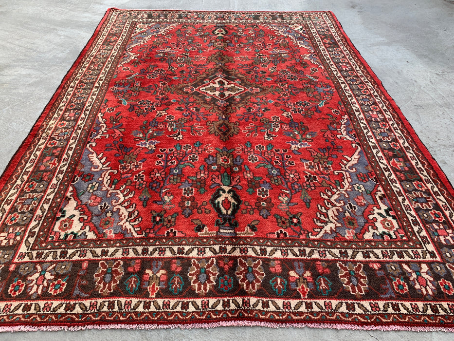 Handgemaakt Perzisch wollen vloerkleed 7x10 - Rood bloemmotief medaillon Perzische stijl vloerkleed - Exacte afmetingen 9'8" x 6'11" - KBHM-939