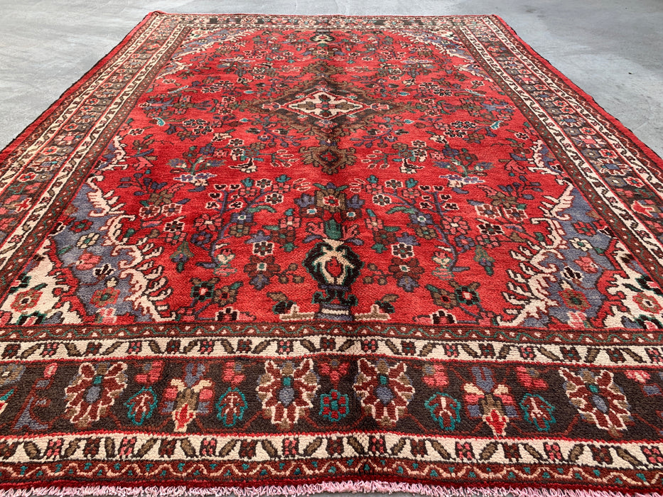 Handgemaakt Perzisch wollen vloerkleed 7x10 - Rood bloemmotief medaillon Perzische stijl vloerkleed - Exacte afmetingen 9'8" x 6'11" - KBHM-939