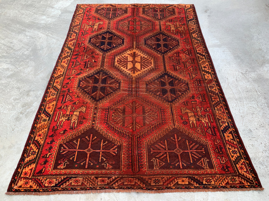 Handgemaakt Perzisch wollen vloerkleed 7x10 - Roestkleurig geometrisch tribaal medaillon Perzische stijl tapijt - Exacte afmeting 9'7" x 6'4" - KBHM-942