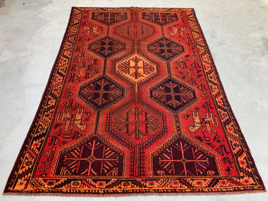Handgemaakt Perzisch wollen vloerkleed 7x10 - Roestkleurig geometrisch tribaal medaillon Perzische stijl tapijt - Exacte afmeting 9'7" x 6'4" - KBHM-942