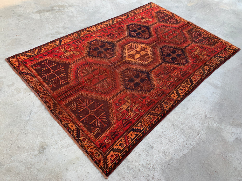Handgemaakt Perzisch wollen vloerkleed 7x10 - Roestkleurig geometrisch tribaal medaillon Perzische stijl tapijt - Exacte afmeting 9'7" x 6'4" - KBHM-942