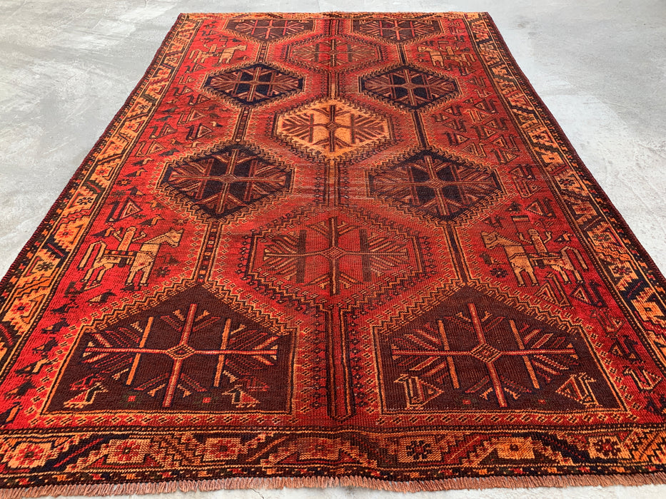 Handgemaakt Perzisch wollen vloerkleed 7x10 - Roestkleurig geometrisch tribaal medaillon Perzische stijl tapijt - Exacte afmeting 9'7" x 6'4" - KBHM-942