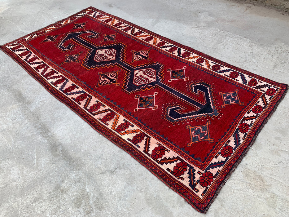 9'6 x 4'10 Hand-Knotted Persian Wool Rug - Red Geometric Tribal Design - KBHM-943