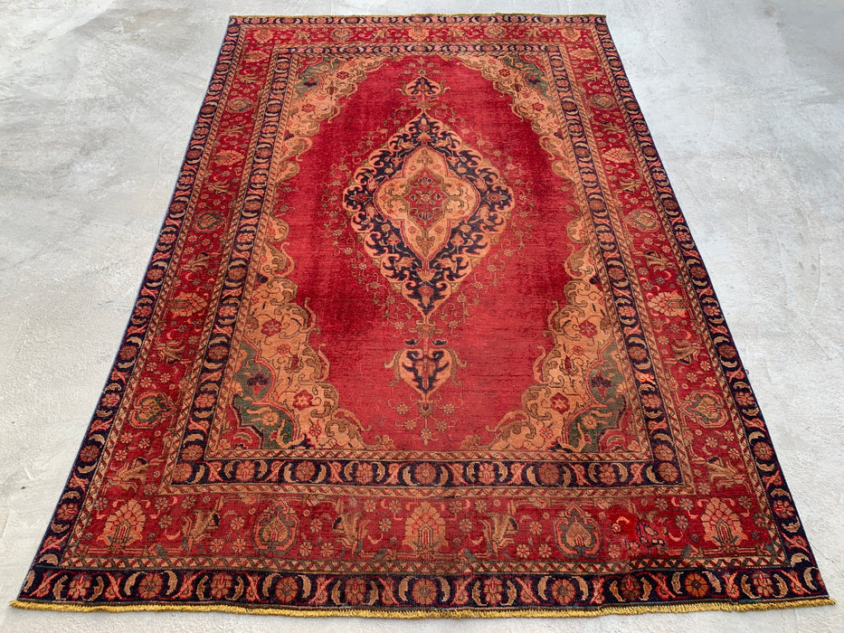 10'8 x 7'1 Hand-Knotted Persian Wool Rug - Faded Red Vintage Medallion Design - KBHM-944