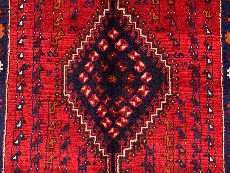 9'1 x 3'7 handgeknoopte Perzische wollen loper - Rood tribaal ruitmedaillonontwerp - KBHM-945