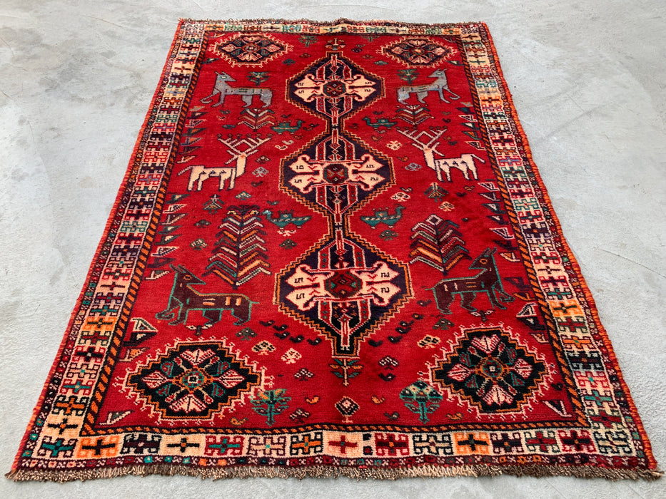 5'3 x 3'9 handgeknoopt Perzisch wollen tapijt - Rood tribaal diermotief - KBHM-949