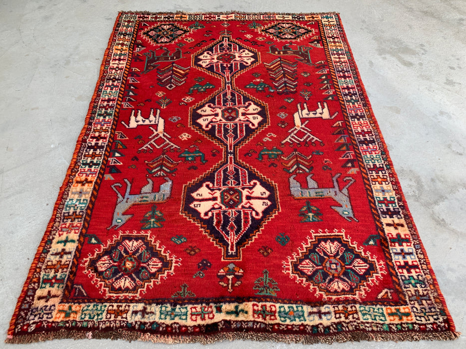 5'3 x 3'9 handgeknoopt Perzisch wollen tapijt - Rood tribaal diermotief - KBHM-949
