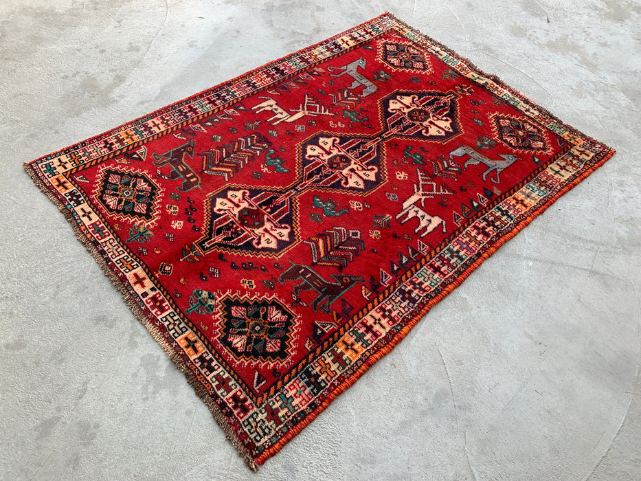 5'3 x 3'9 handgeknoopt Perzisch wollen tapijt - Rood tribaal diermotief - KBHM-949