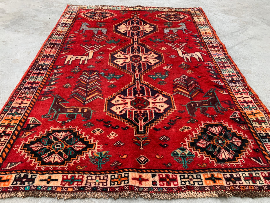 5'3 x 3'9 handgeknoopt Perzisch wollen tapijt - Rood tribaal diermotief - KBHM-949