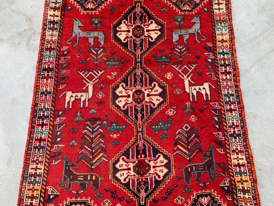 5'3 x 3'9 handgeknoopt Perzisch wollen tapijt - Rood tribaal diermotief - KBHM-949