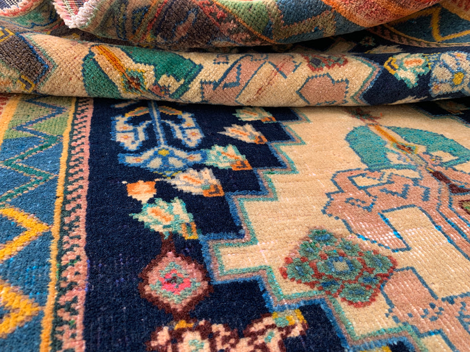 4'2 x 3'1 handgeknoopt Perzisch wollen tapijt - Marineblauw veld met ivoorkleurig geometrisch bloemendesign - KBHM-956