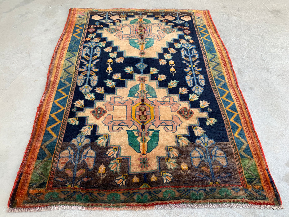 4'2 x 3'1 handgeknoopt Perzisch wollen tapijt - Marineblauw veld met ivoorkleurig geometrisch bloemendesign - KBHM-956