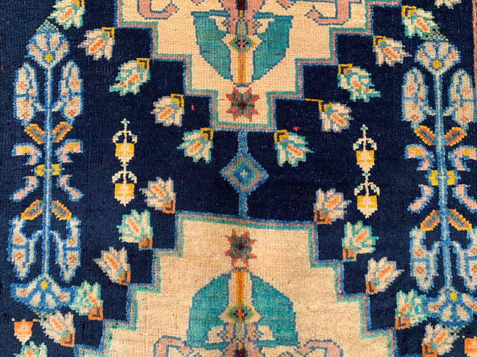 4'2 x 3'1 handgeknoopt Perzisch wollen tapijt - Marineblauw veld met ivoorkleurig geometrisch bloemendesign - KBHM-956