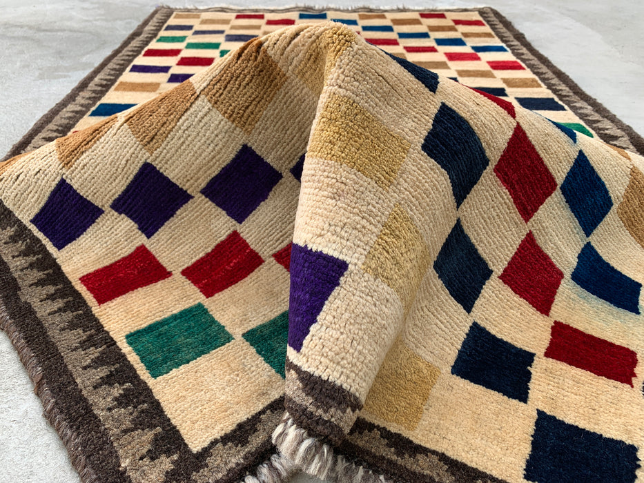 4'8 x 3'0 Handgeknoopt Perzisch wollen tapijt - Crèmekleurig veelkleurig geometrisch dambordpatroon - KBHM-957