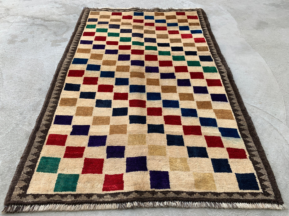 4'8 x 3'0 Handgeknoopt Perzisch wollen tapijt - Crèmekleurig veelkleurig geometrisch dambordpatroon - KBHM-957