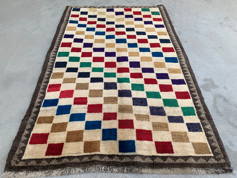 4'8 x 3'0 Handgeknoopt Perzisch wollen tapijt - Crèmekleurig veelkleurig geometrisch dambordpatroon - KBHM-957