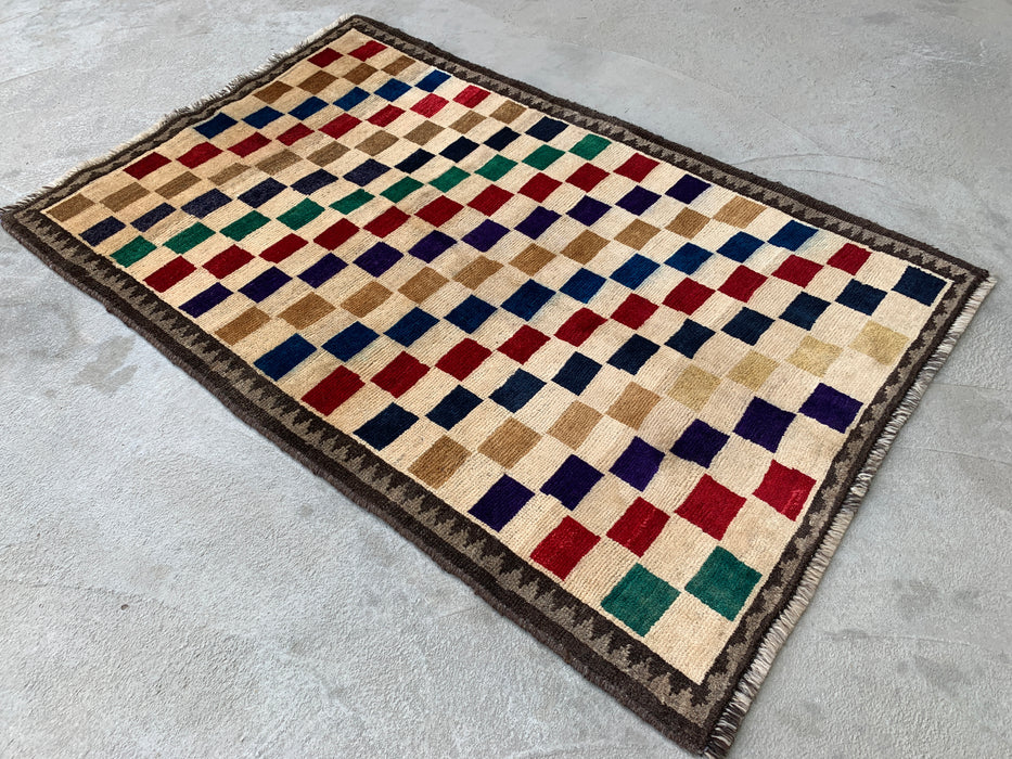 4'8 x 3'0 Handgeknoopt Perzisch wollen tapijt - Crèmekleurig veelkleurig geometrisch dambordpatroon - KBHM-957