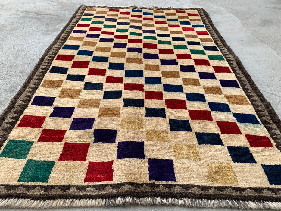 4'8 x 3'0 Handgeknoopt Perzisch wollen tapijt - Crèmekleurig veelkleurig geometrisch dambordpatroon - KBHM-957