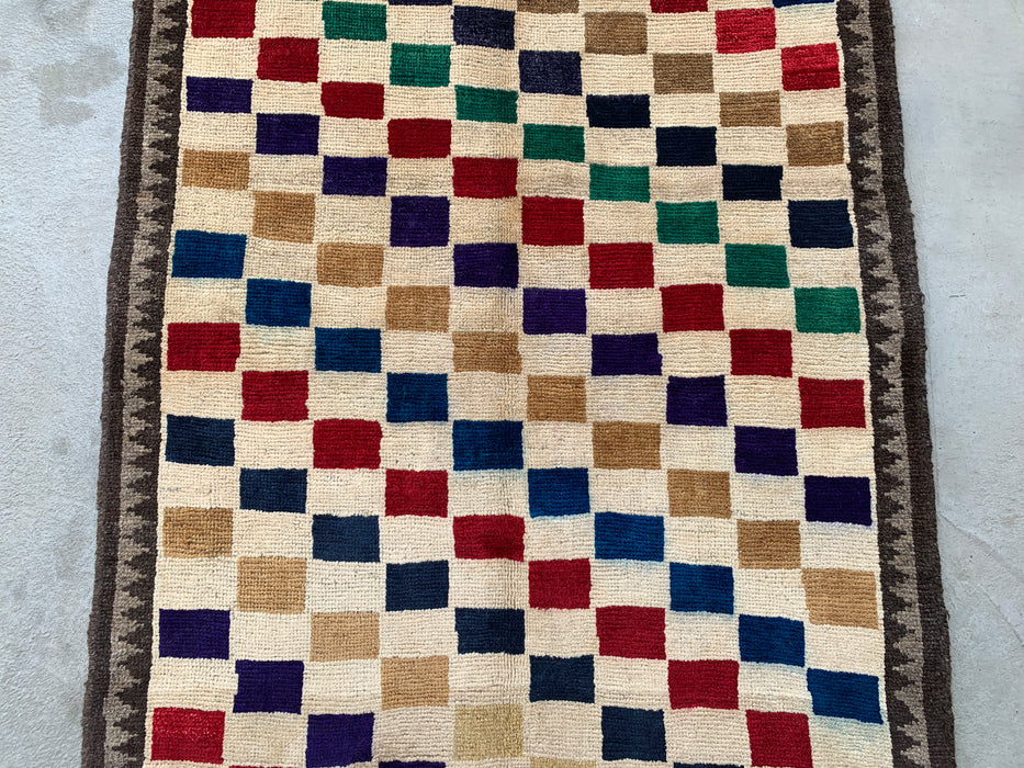 4'8 x 3'0 Handgeknoopt Perzisch wollen tapijt - Crèmekleurig veelkleurig geometrisch dambordpatroon - KBHM-957
