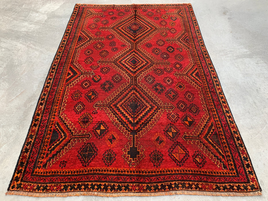 8'1 x 5'4 Hand-Knotted Persian Wool Rug - Red Geometric Tribal Medallion Design - KBHM-960