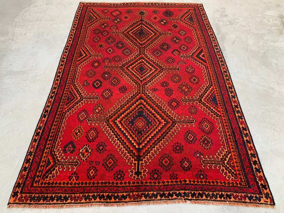 8'1 x 5'4 Hand-Knotted Persian Wool Rug - Red Geometric Tribal Medallion Design - KBHM-960