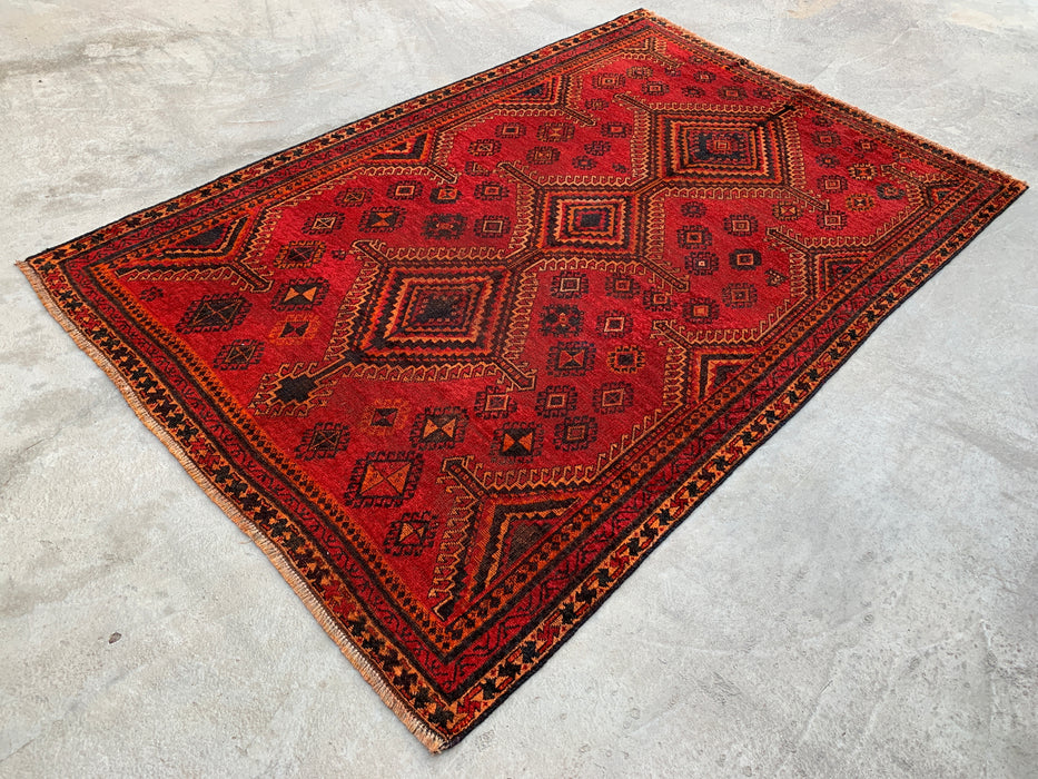 8'1 x 5'4 Hand-Knotted Persian Wool Rug - Red Geometric Tribal Medallion Design - KBHM-960