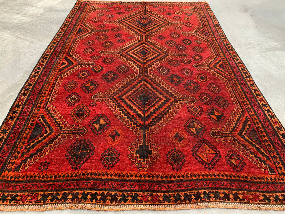 8'1 x 5'4 Hand-Knotted Persian Wool Rug - Red Geometric Tribal Medallion Design - KBHM-960