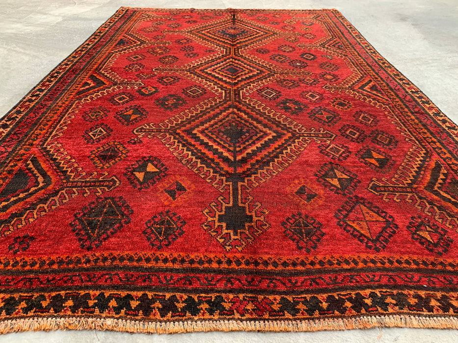 8'1 x 5'4 Hand-Knotted Persian Wool Rug - Red Geometric Tribal Medallion Design - KBHM-960